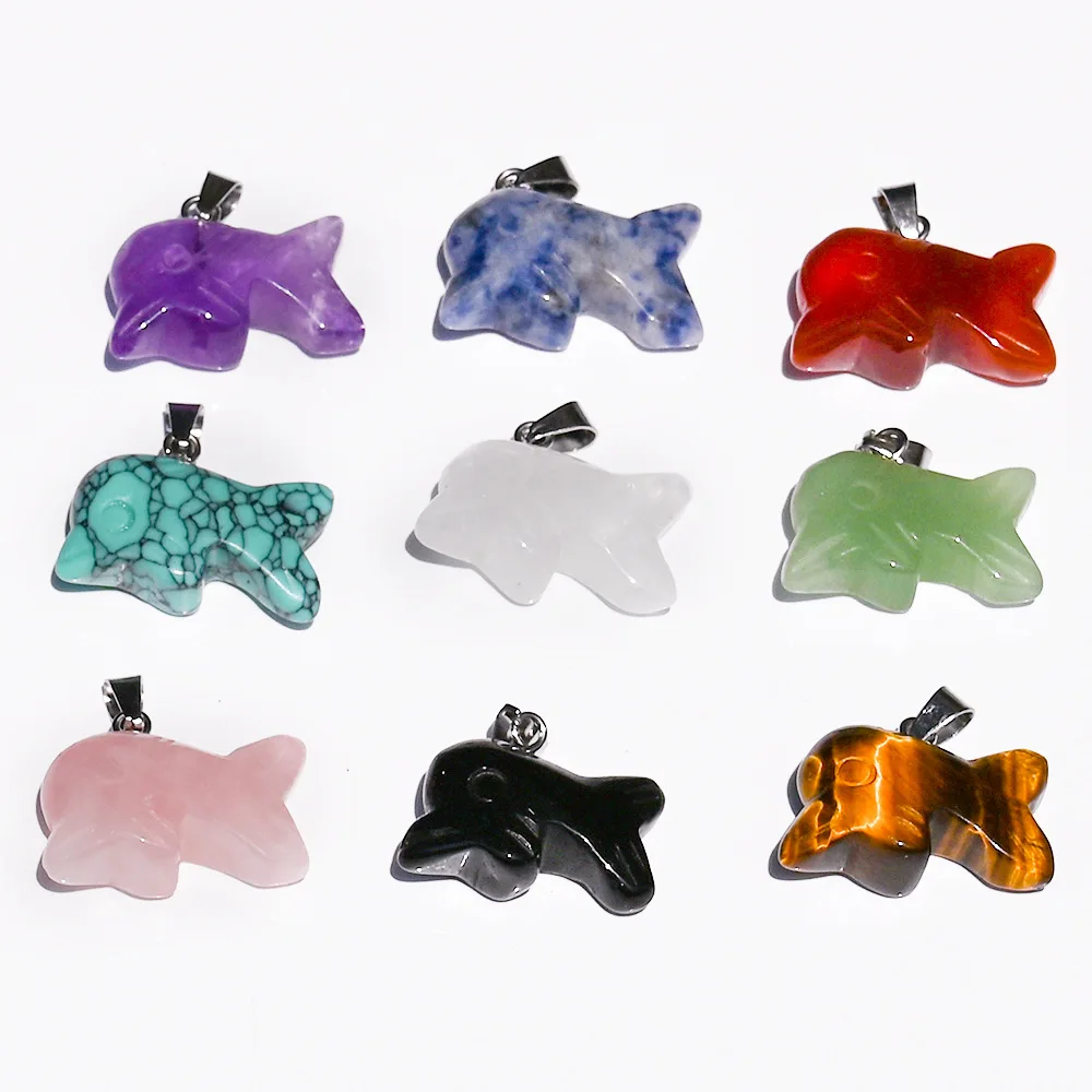 Natural crystal semi-precious stone, amethyst powder crystal nau engraving animal dolphin pendant, small dolphin pendant pendant