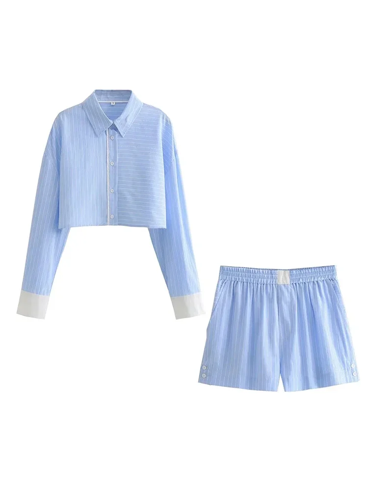 Foridol Stripes Crop Top+shirt 2 Pcs Outfits Women Casual Summer Autumn Casual Set Blue Matching Set Shorts Set Female Suit