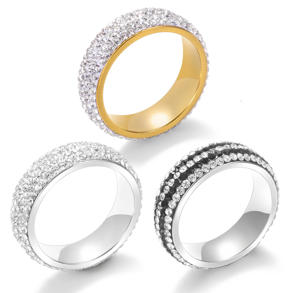 Luxury Sparkly Iced Out Ring for Women Men Golden Stainless Steel Full Rhinestone Crystal Pavé Band Ring Hip Hop Jewelry Gift