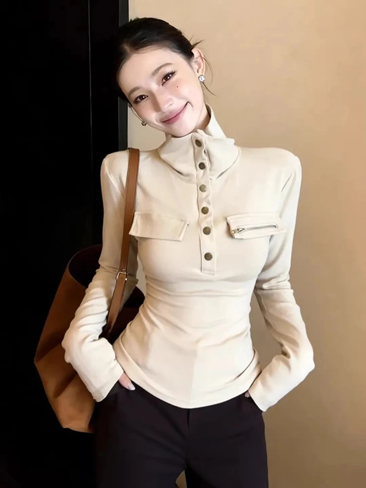 

Облегающая футболка с высоким воротником, женская корейская офисная женская футболка на пуговицах, винтажная уличная одежда с длинными рукавами, весенние топы в стиле Харадзюку