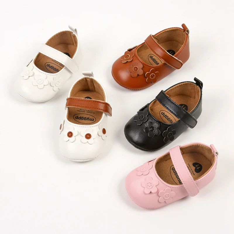 Baby Casual Shoes Infant Toddler Flower Bow Non-slip Rubber Soft-Sole Flat PU First Walker Newborn Bow Decor Mary Janes 0-18M