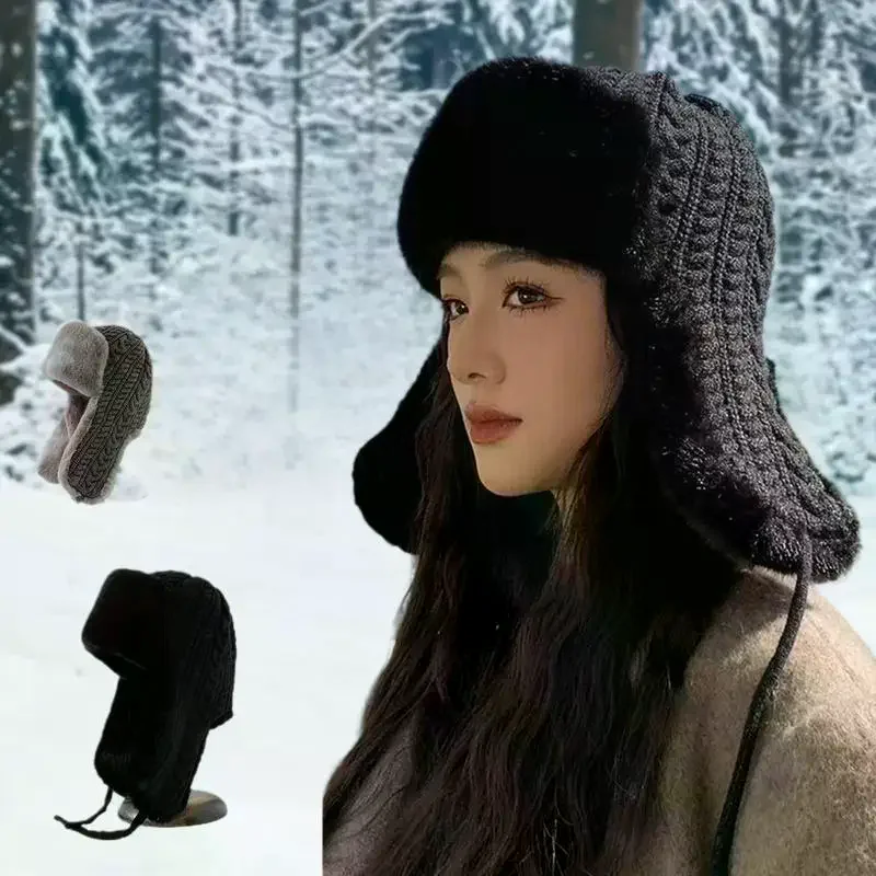 Effortlessly Chic Winter Plush Hat, Knitted for Warmth; Ladies Outdoor Cold Weather Ear Guard Cap