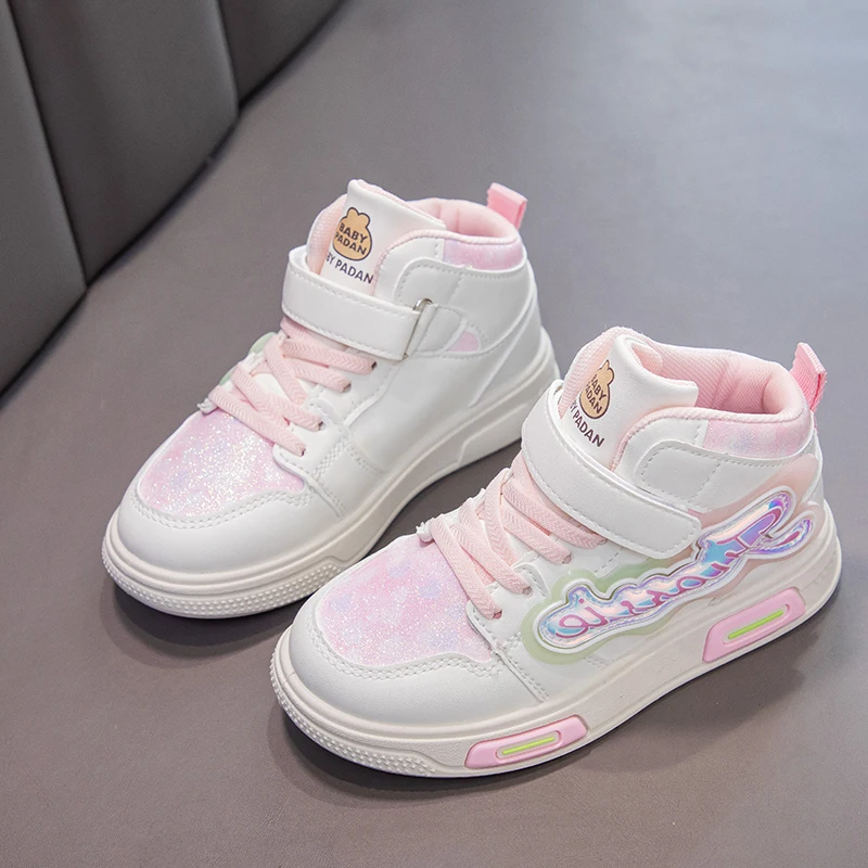 Pink/purple Girls Casual Shoes with Anti Slip Wear-resistant and Shock-absorbing Spring Autumn Outdoor PU High Top Sports Shoes