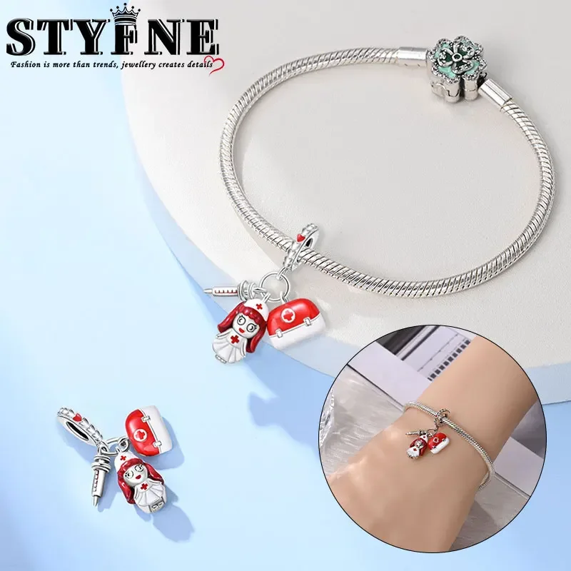 Travel Hobbies Beads 925 Sterling Silver Red Hair Nurse Medical Kit Syringe 3 Piece Set Charm Women's Jewelry DIY Gift