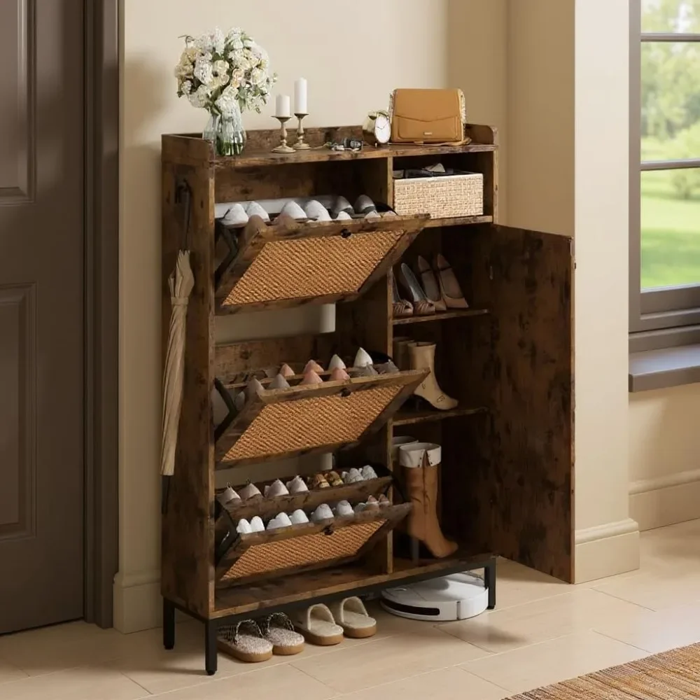 

Shoe Storage Cabinet Flip Drawers, Rattan Freestanding Shoe Organizer with Adjustable Shelves, Side Hooks for Entryway Closet