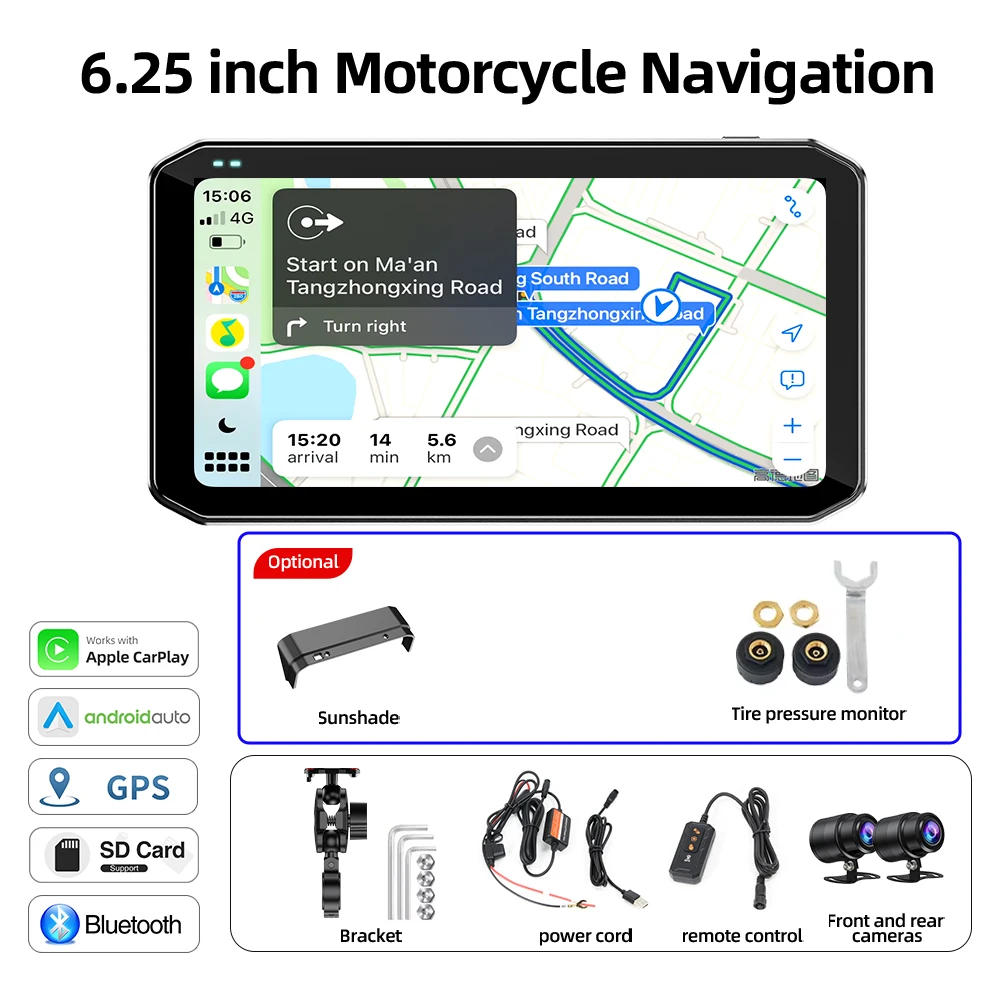 Motorrecorder CarPlay Android Auto Navigatiemonitor met afstandsbediening DVR Bluetooth BSD Voertuigsnelheidsweergave 6,25 inch