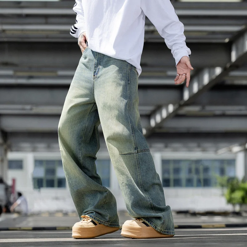 

Мужские повседневные джинсы прямого кроя с эффектом потертости и большими карманами, осенняя коллекция 2025, новинка, оригинальный дизайн