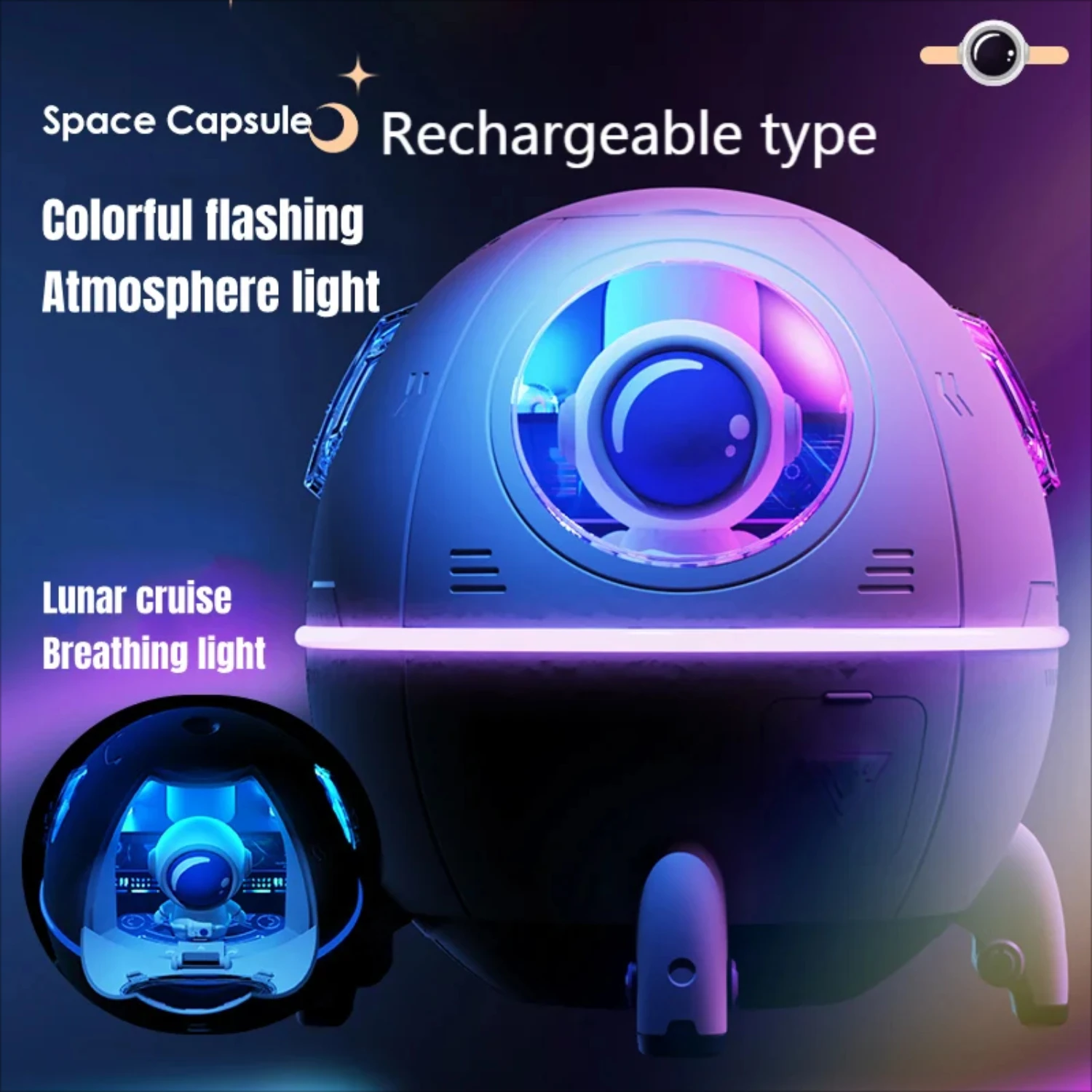 Humidificador de aire de cápsula espacial recargable de 220ML, difusor de agua de aromaterapia de niebla fría ultrasónico USB con astronauta de luz Led