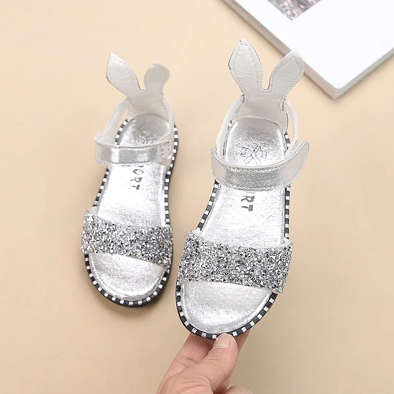 

Children Sandals Cute Princess 2024 Summer Girls Beach Sandals with Rhinestone Rabbit Ears Open Toes Anti-skid Kids Sandals Soft