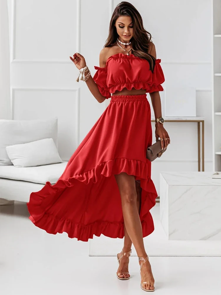 Women Two Piece Set Summer Sexy Short Sleeve Women Skirt Suit Solid Chic Off Shoulder Waist Puff Sleeve Short Top Skirt 2023