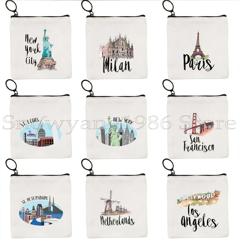 سياتل ميامي شيكاغو باريس ميلان نيويورك موسكو لوس أنجلوس تاج محل هولندا قماش محفظة نسائية للعملات المعدنية مفتاح القضية حقيبة المحفظة الحقيبة