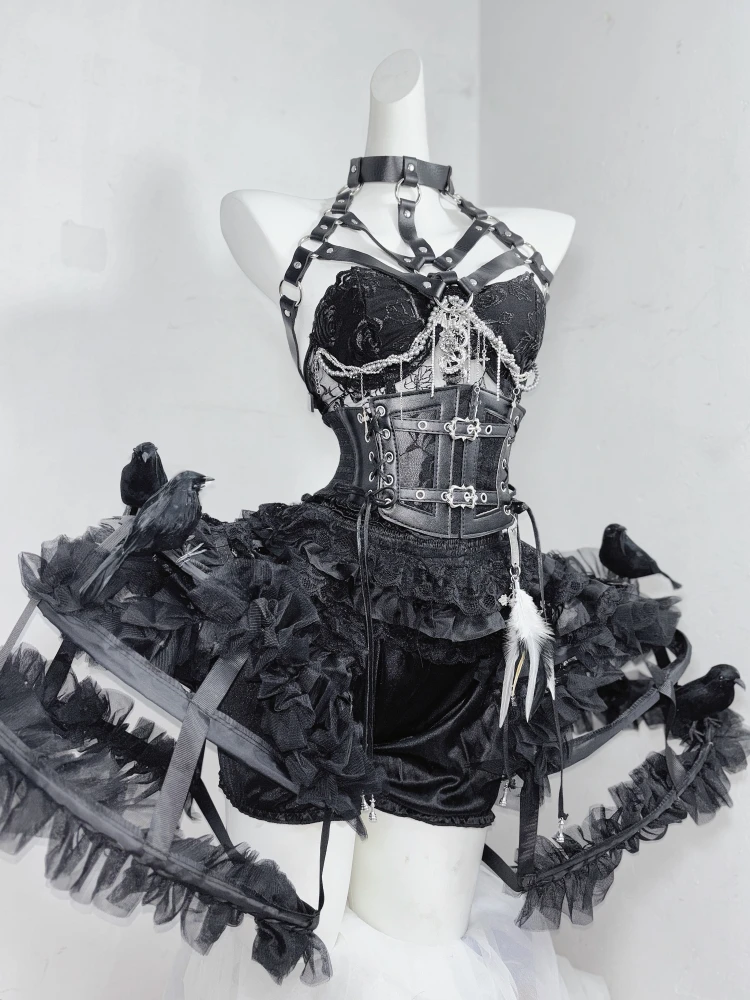 

Оригинальный дизайн, черный готический топ-труба с рыбьей косточкой, поясом и кружевной юбкой в виде птичьей клетки, комплект мини-юбки в стиле Лолиты в стиле феи