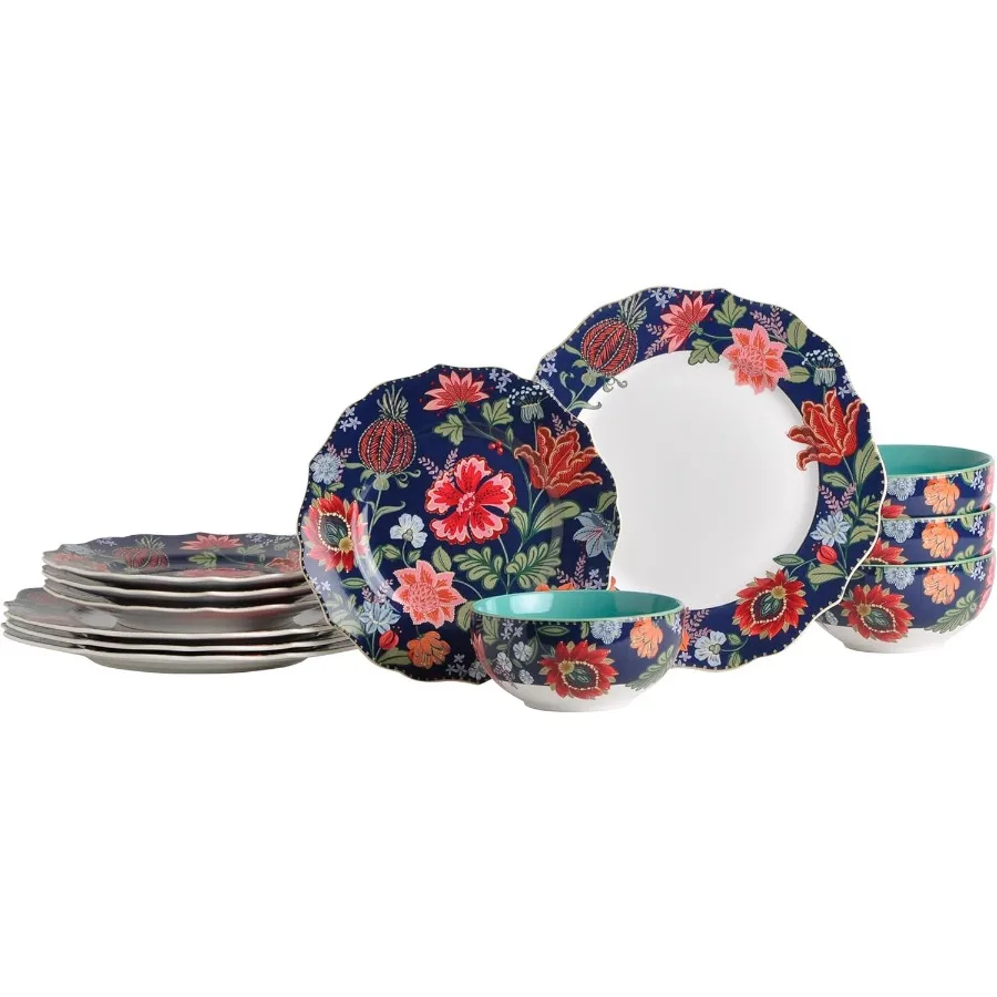 

12Piece Porcelain Dinnerware Set for 4 Featuring White and Parisian Blue Plates and Bowls with Gold Rim Elegant Glossy Ceramic