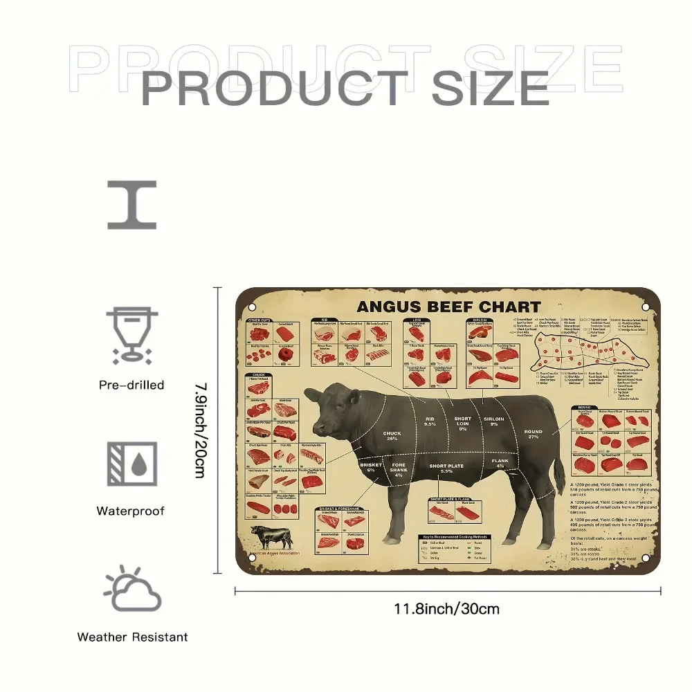 Vintage Metal Sign Angus Beef Cuts Chart Butcher Diagram for BBQ Kitchen Wall Decor