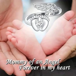 Huitan Mommy of an Angel Rings for Women Heart Cubic Zirconia Angel Wing and Baby Feet Design Mother's Gift Gift Love Jewelry