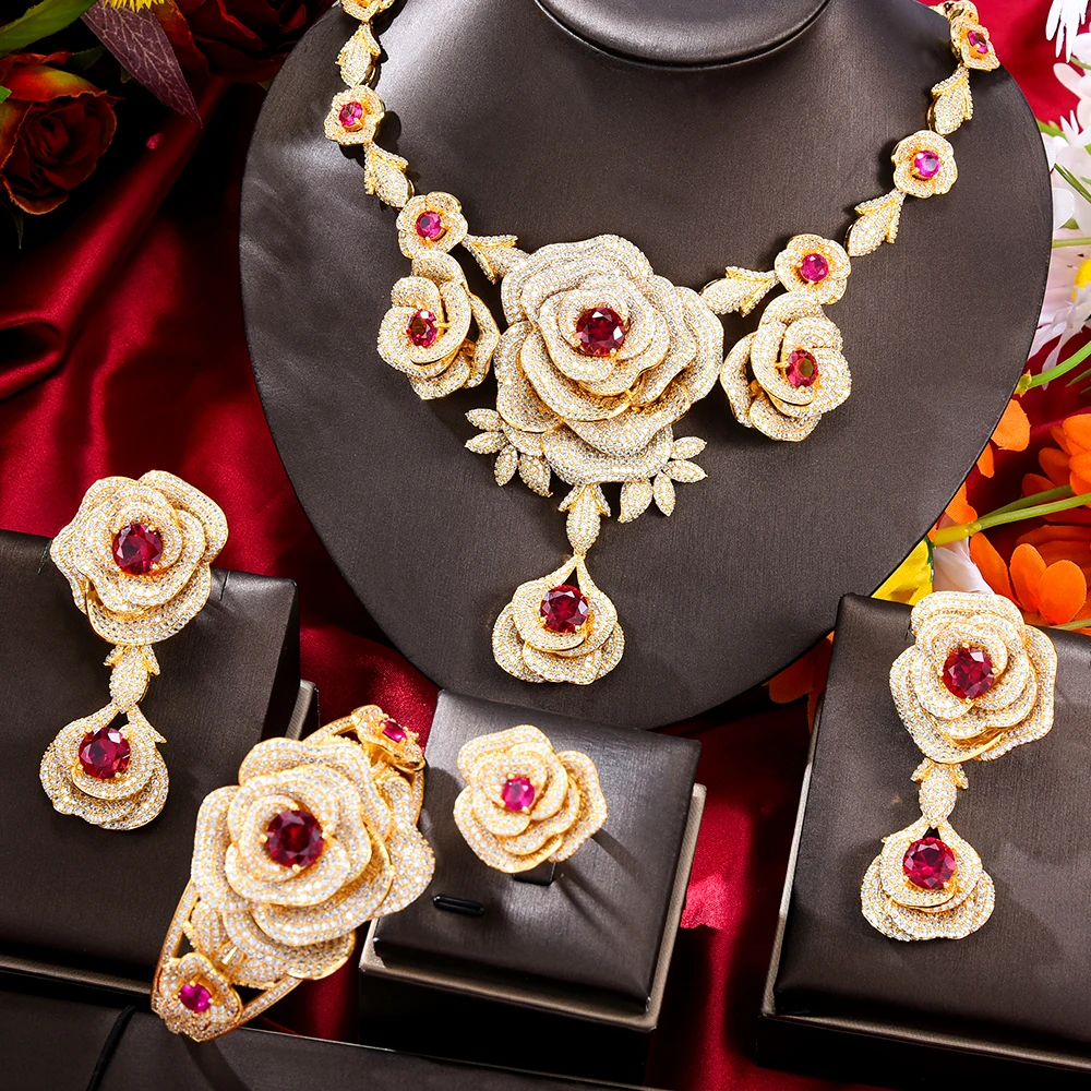 GODKI Trendy 4PCS Luxury Ruby Flower Statement Jewelry Set For Women Wedding Cubic Zircon Indian African Dubai Bridal Necklace