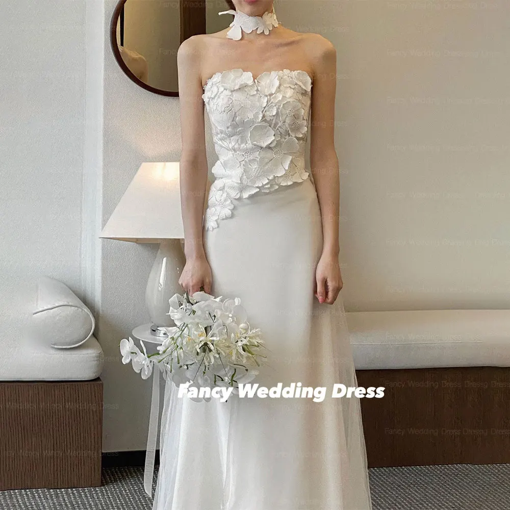 Fancy Elegant Lace Flower Wedding Dress Korea Photography Sleeveless A Line Evening Gown Elastic Satin Back Corset Customized