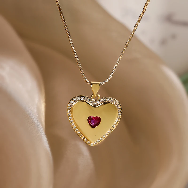 GANPUP Stilvolle Elegante Funkelnde Herz-Halskette mit Rotem Zirkonia-Anhänger für Damen, Modische Schlüsselbeinkette, Choker-Schmuck, Geschenk – Detail 9