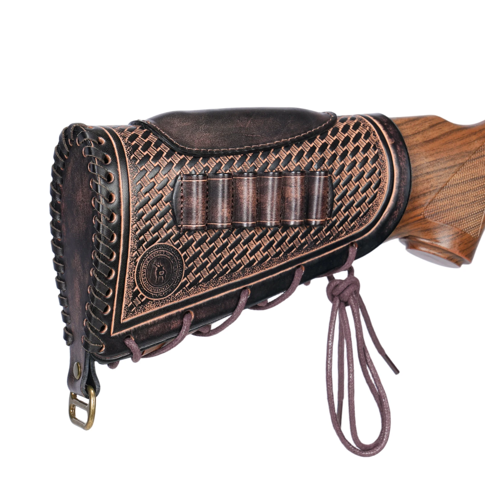 tourbon-vintage-leather-gun-buttstock-cover-rifle-cheek-rest-recoil-pad-w-cartridges-loops-adjustable-brown-hunting-accessories