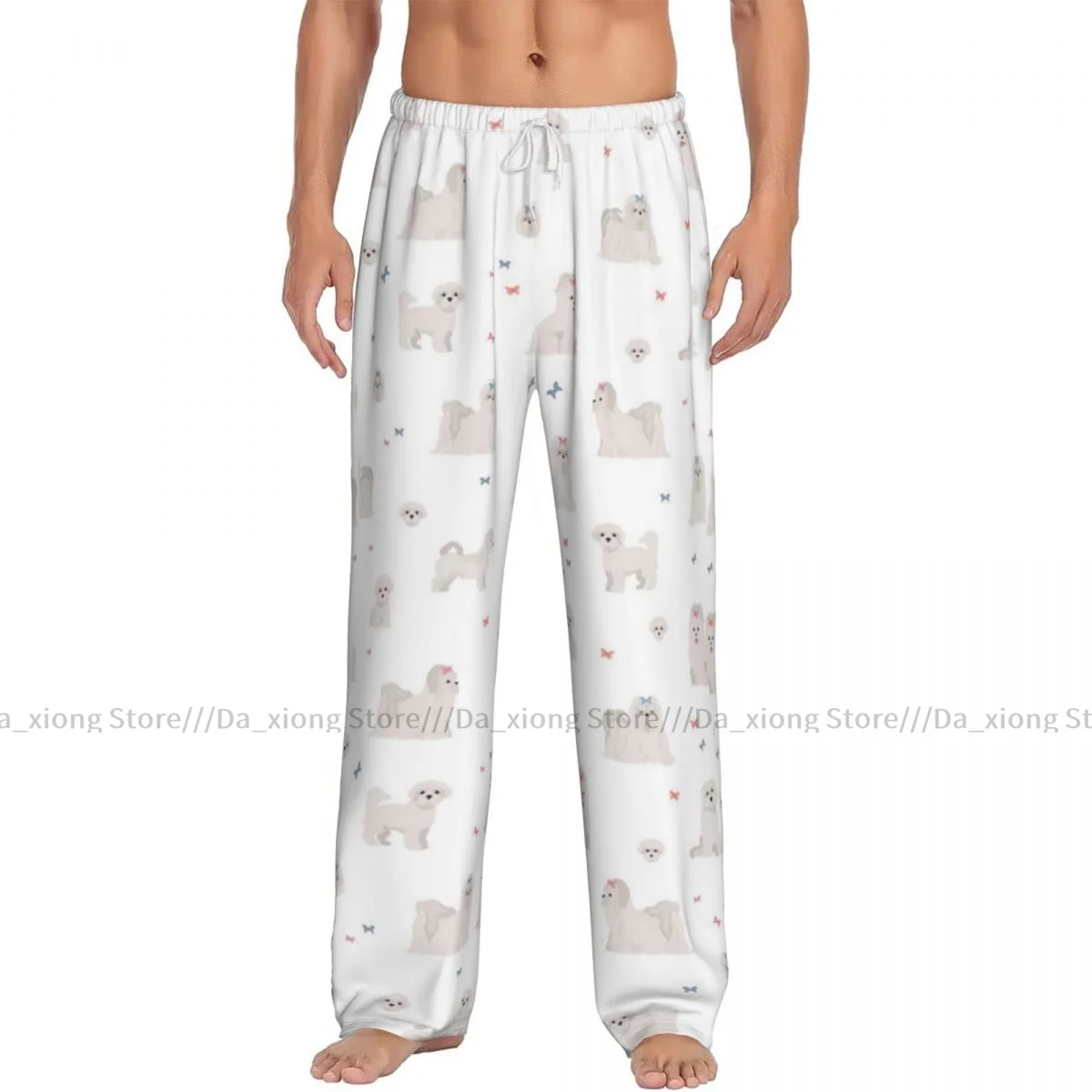 Mens Casual Pajama Long Pant Loose Elastic Waistband Maltese Dogs Pattern Cozy Sleepwear Home Lounge Pants