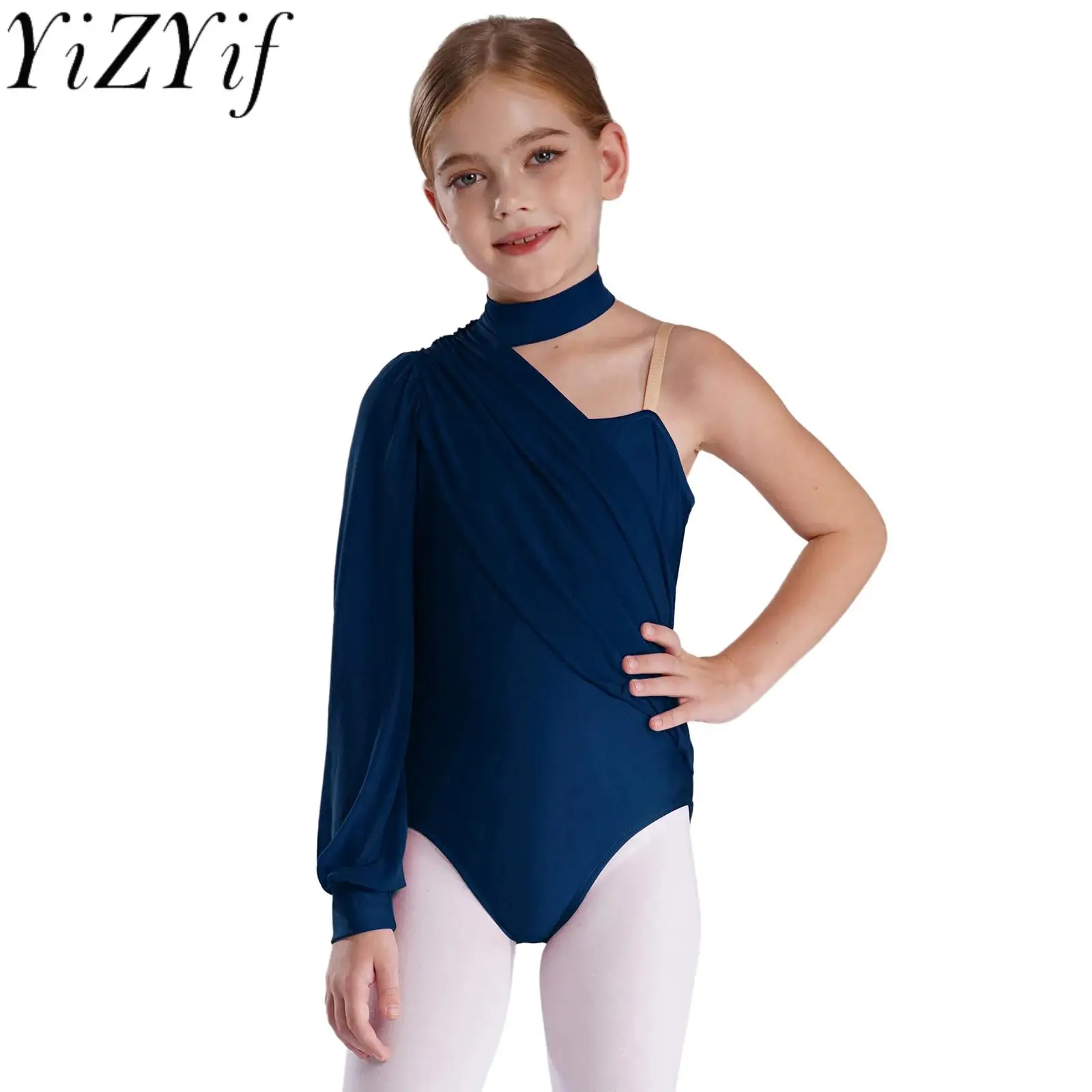 Single Shoulder Ballet Waltz School Stage Competition Performance Leotard Kids Girls Lyrical Stylish High Cut Dance Bodysuits