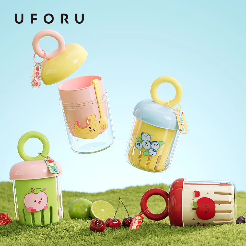 Uforu Dopamin-Obstbecher für den Außenbereich, tragbar, versiegelt, auslaufsicher, Joghurt-Salatbecher mit Gabel, Picknick-Lebensmittelqualität und dicker Abtropfbecher
