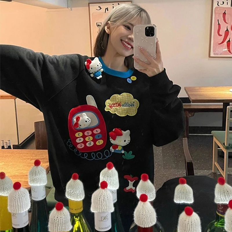 Hello Kittys Hoodie Kawaii Anime Cartoon Y2K Sweet Fashion Korean Version Embroidery Plus Velvet Tops Women Clothing Sweatshirt