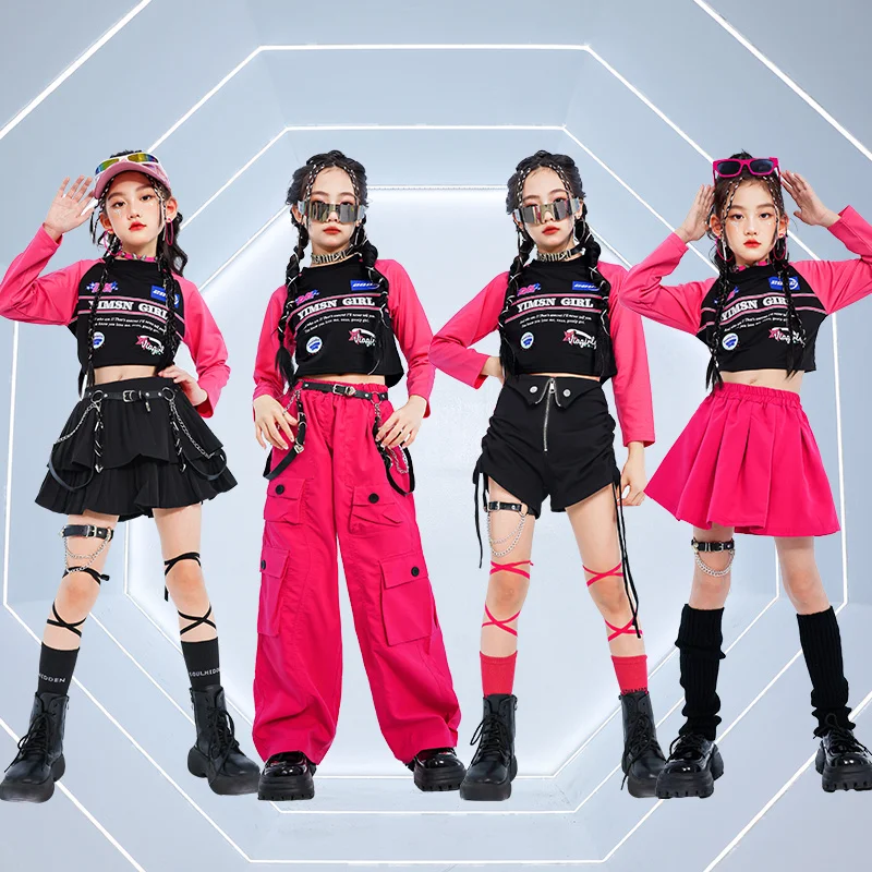 

Cool Girls Hiphop T-shirt Cargo Pants Skirt Shorts Dance Clothes Set Fashion Children Hip-hop Costume Korean Kids Streetwear y2k