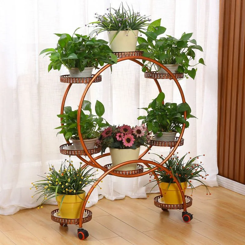 6 Holder Flower Stand Wrought Iron Multi-layer With Wheel Flower Pot Rack Living Room Balcony Movable Indoor Flower Pot Rack