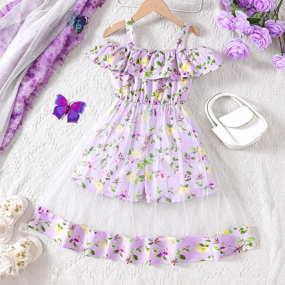 

Elegant Floral Print Dress For Teen Girls Sleeveless Off-Shoulder Outfits Summer Kids Girls Clothes Mermaid Hem Dresses 5-13y
