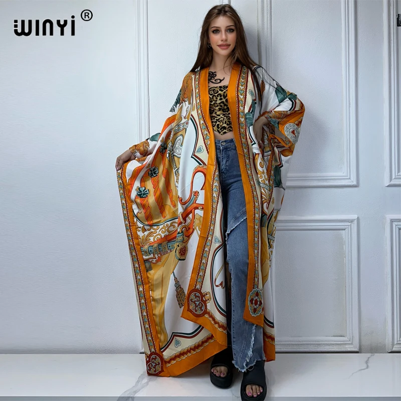 WINYI Summer fashion Beach new Geometric print Cover Up Boho Cardigan elegant Holiday Kimono beach outfits women kaftan dress