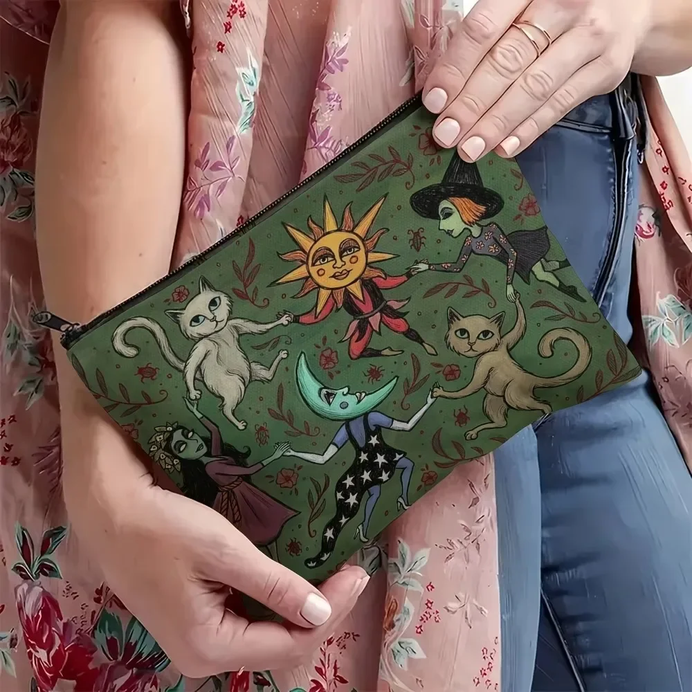 Simple Bag Forest Night Makeup Bag Whimsical Witch Cat and Moon Design on Dark Green Cosmetics Pencils Student Makeup Bag