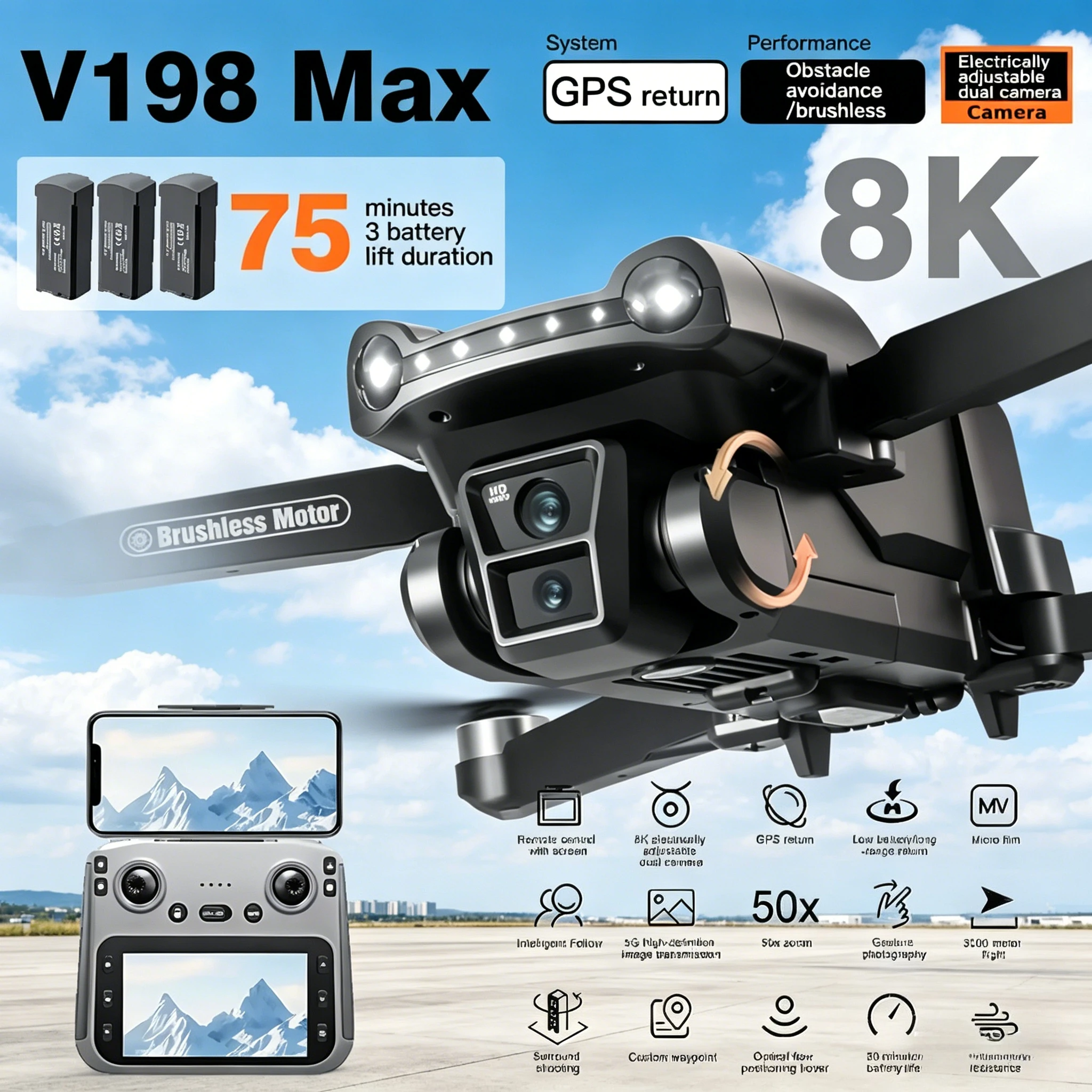 

Lenovo V198MAX GPS Drone 8K Professional Camera Aerial FPV Brush Laser Obstacle with Large Screen Remote Control Folding RC