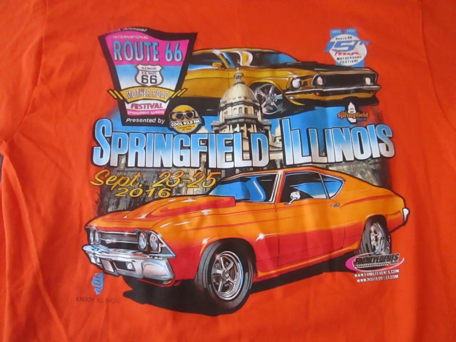 15th Annual ROUTE 66 Mother Road Festival Springfield IL T Shirt Orange Large long or short sleeves