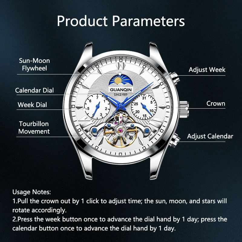 GUANQIN Orologi meccanici da uomo Movimento automatico originale di lusso Tourbillon visibile Business Leisure Luminoso impermeabile