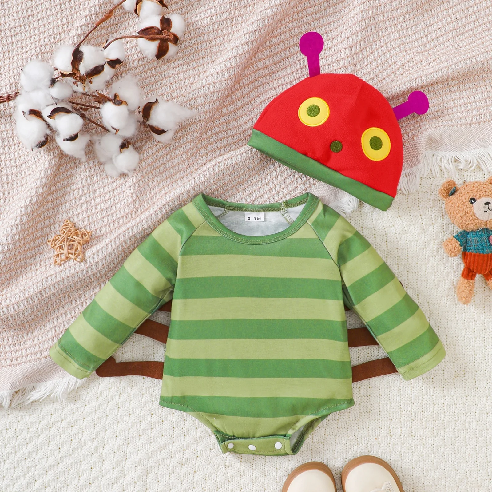 

0-2Y Bodysuit for Newborn Boys New Arrival Girls Baby Clothes Halloween Cartoon Caterpillar Stripe Long Sleeve Bodysuit Hat Set