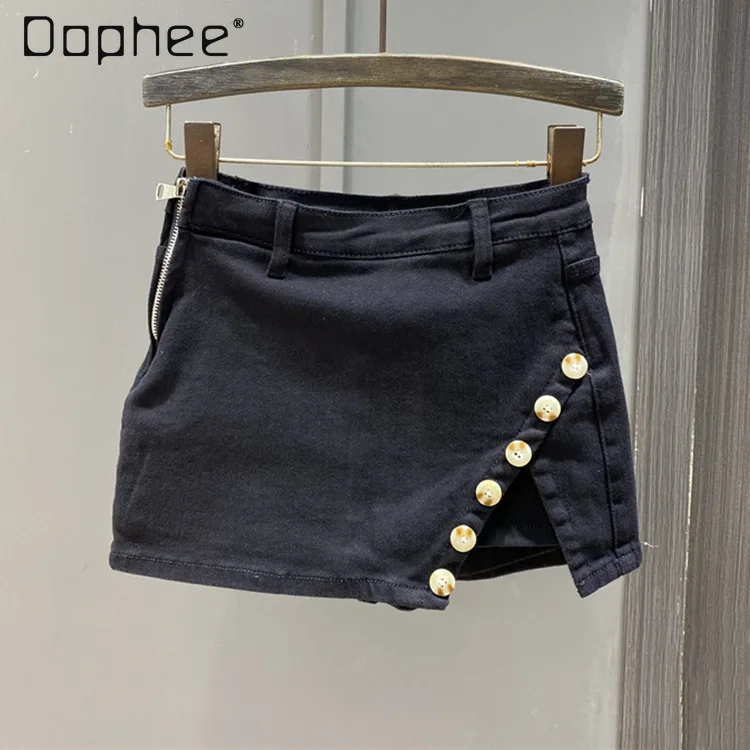 Solid Collar Denim Skirt Women Korean Fashion Button Decorate Zipper Side Split Wrap Hip Slim Fit Mini Skirt Sexy All-match