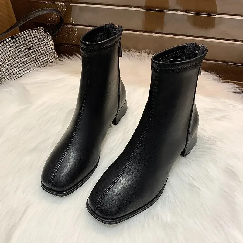 Elastic Socks Boots Fashion Ankle Boots Women High Heel Thicks  Heel Square Toe Short Boots Women Retro 2024 New Ladies Shoes