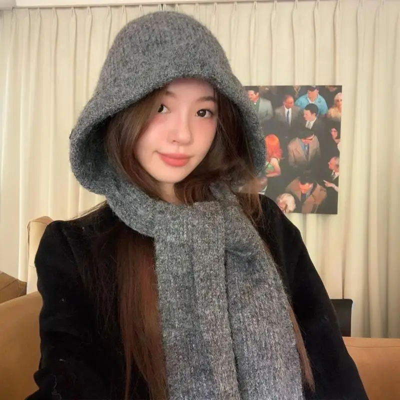 Korean Balaclava Women's Autumn Winter Warm Knitted Hooded Caps Scarf Integrated Hooded Scarf Knitted Hat Soft Warm Beanies Hats