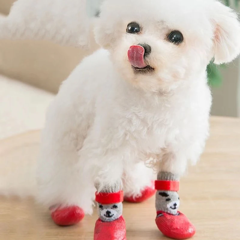 4pcs/set Cute Cotton Dog Shoes Waterproof Non-slip Rubber Cats Dogs Socks for Chihuahua Puppy Cat Rain Snow Boots Pet Products