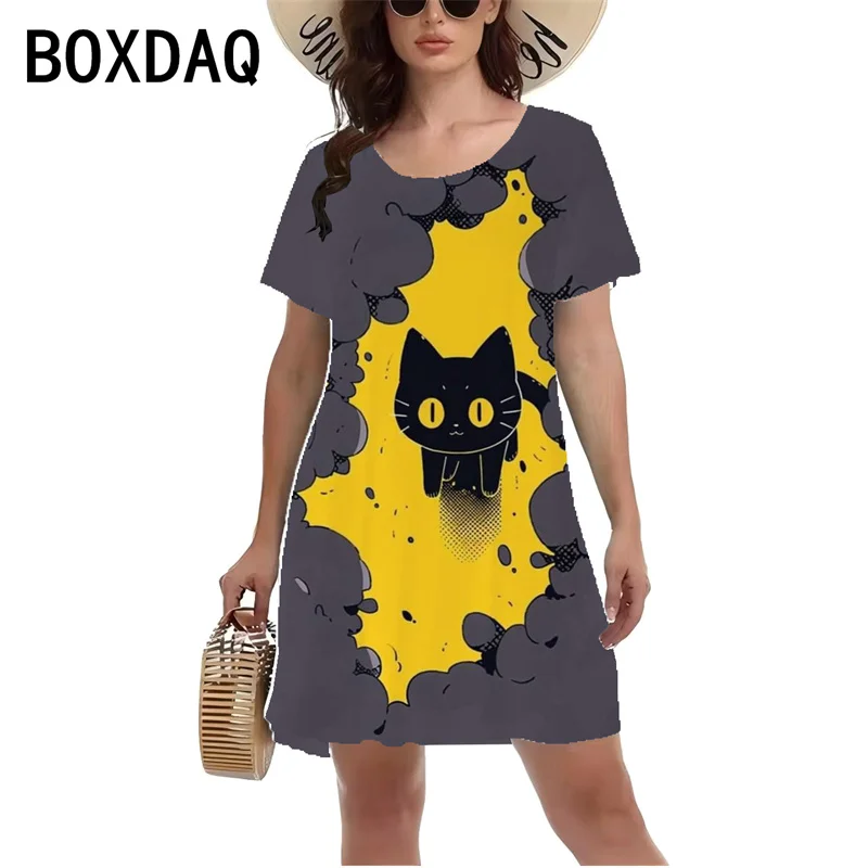 Women's Summer Short Sleeved Casual Dress Cartoon Cat Printed Mini Dress Fashion Personality Street A-Line Dress Vestidos