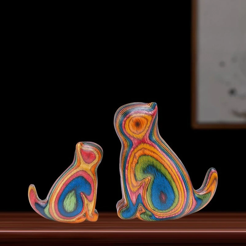 Rainbow Wood Carved Curious Cat Figurine Adorable Wooden Animal Ornament Cute Miniature Creative Home Decor Unique Birthday Gift