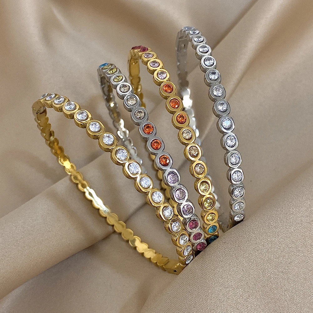 Pulseras de acero inoxidable con cuentas de diamantes de imitación de colores para mujer, brazalete apilado de Color dorado y plateado, joyería resistente al agua