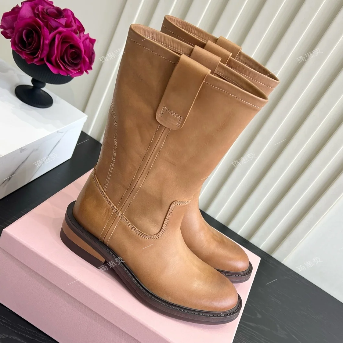 Retro-Style Distressed Leather Mid-Calf Boots For Women 2026 New Versatile Thigh-High Chunky-Heel Boots Ankle Boots