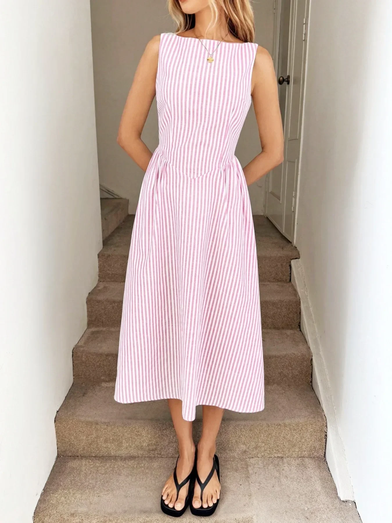 Neues Y2K Sommer-Urlaubskleid aus Leinen für Damen, ärmellos, vertikal gestreift, hohe Taille, A-Linie, Midi, lässiges Swing-Kleid mit Taschen – Detail 22