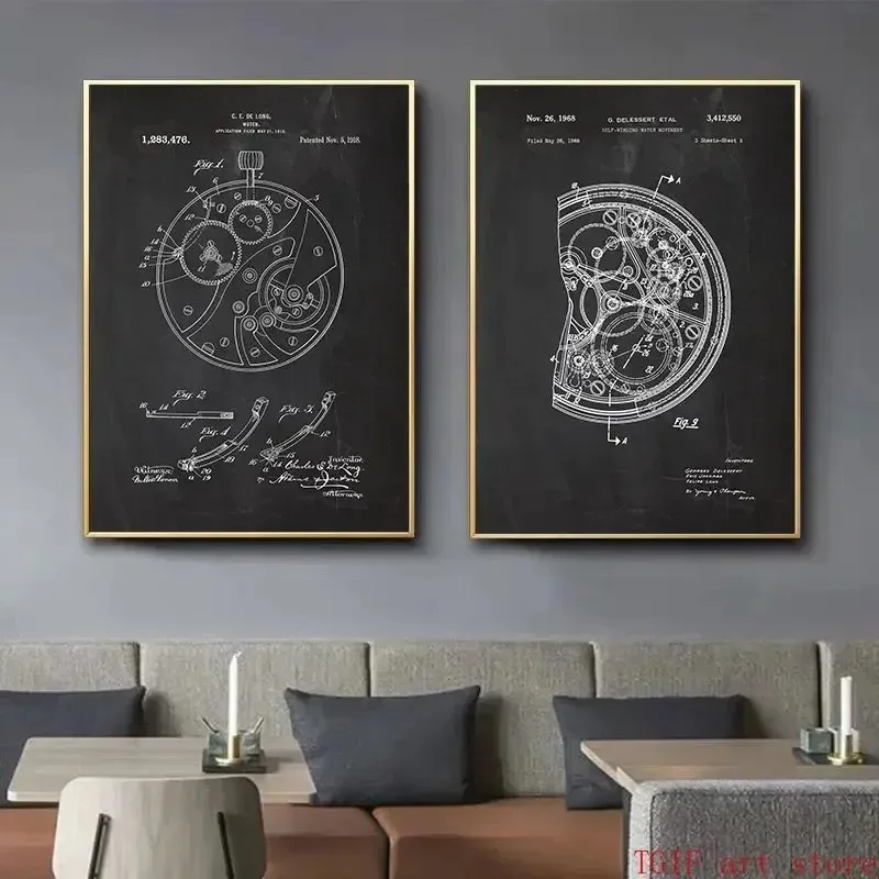 Black and White Art Watch Patent Painting Poster Print for Living Room Creative Clock Detail Canvas  Wall  Decoration