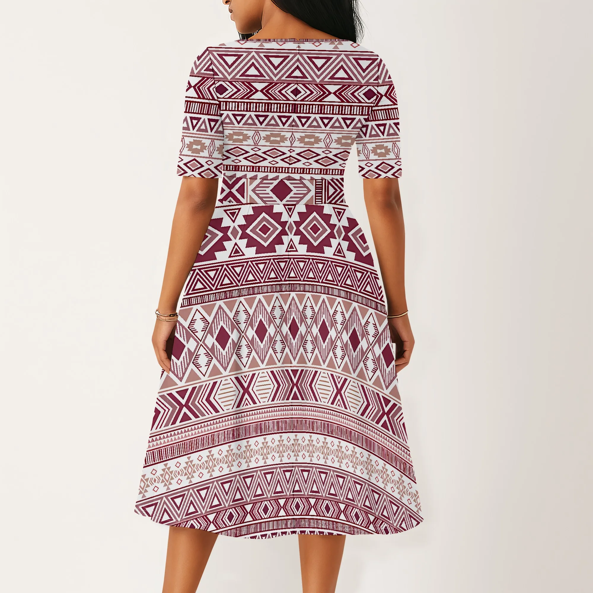 EQQZD Short Sleeve Crew-Neck Dress with Pocket & Belt, Boho Style Pattern Print Dress for Women