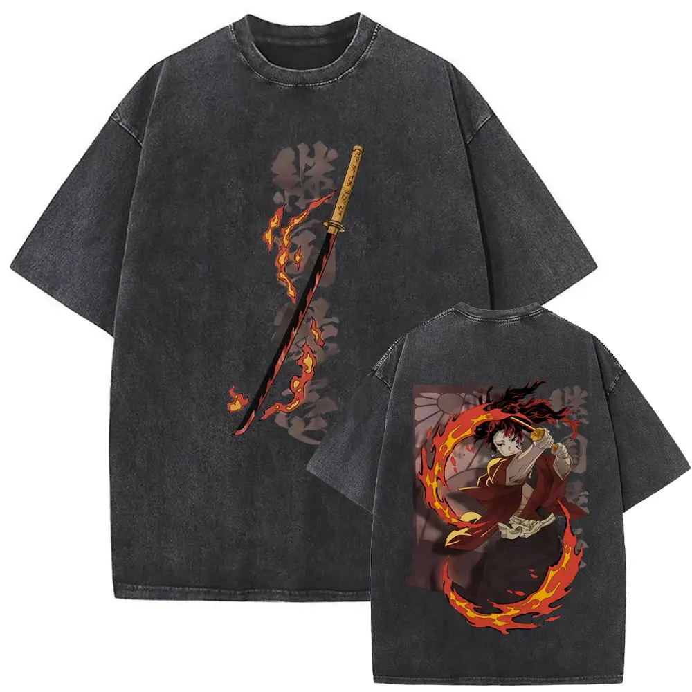 

Washed Vintage Anime Demon Slayer Tsugikuni Yoriichi Graphic T Shirt Men Women Fashion Casual Oversized T-shirts Male Streetwear