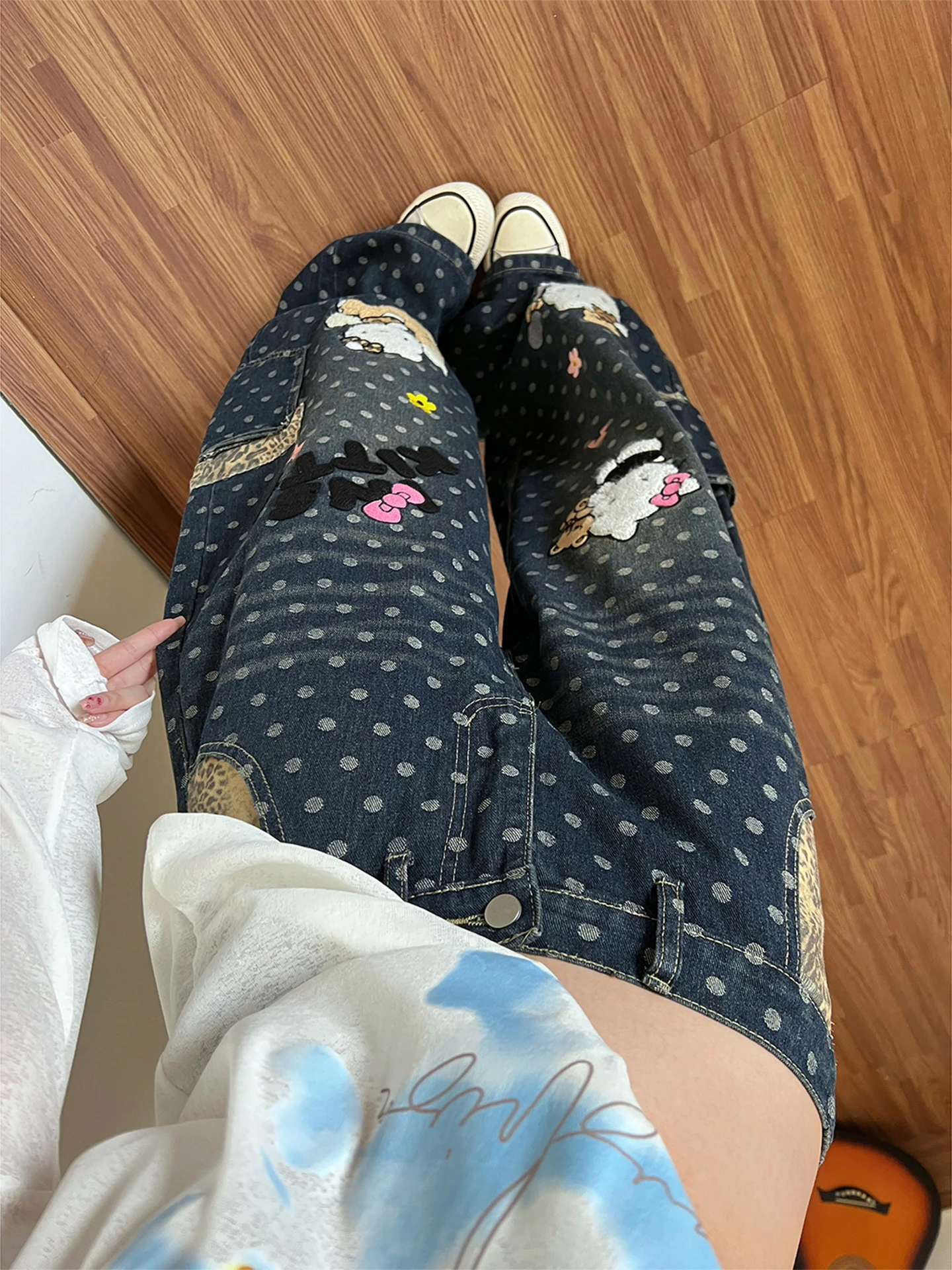 

Spring New Arrival Women's Cheered Leopard Print Kit Embroidery Wide Leg Jeans Casual High Waist Straight Cut Denim Pants