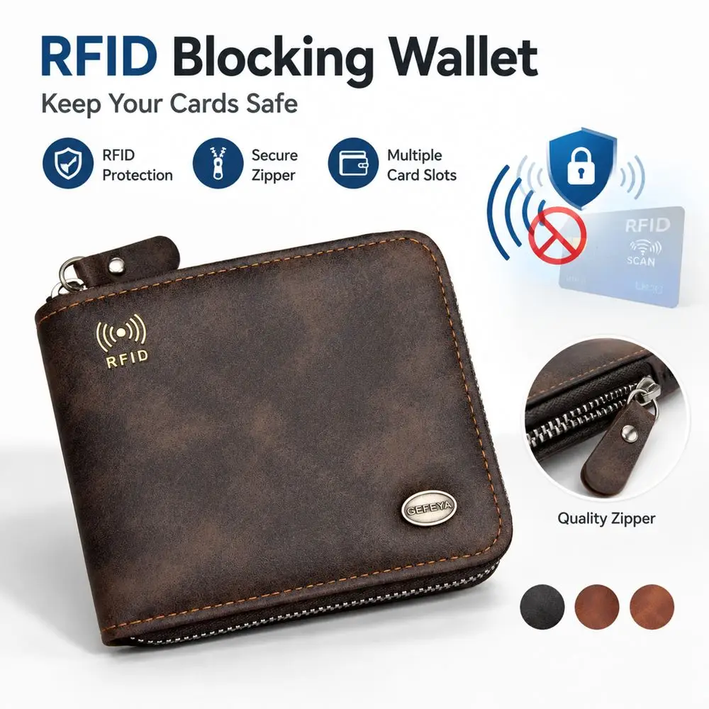 New RFID Blocking Wallet PU Leather Multiple Card Slots Card Holder Business Style Zipper Closure Cash Compartment Daily Use